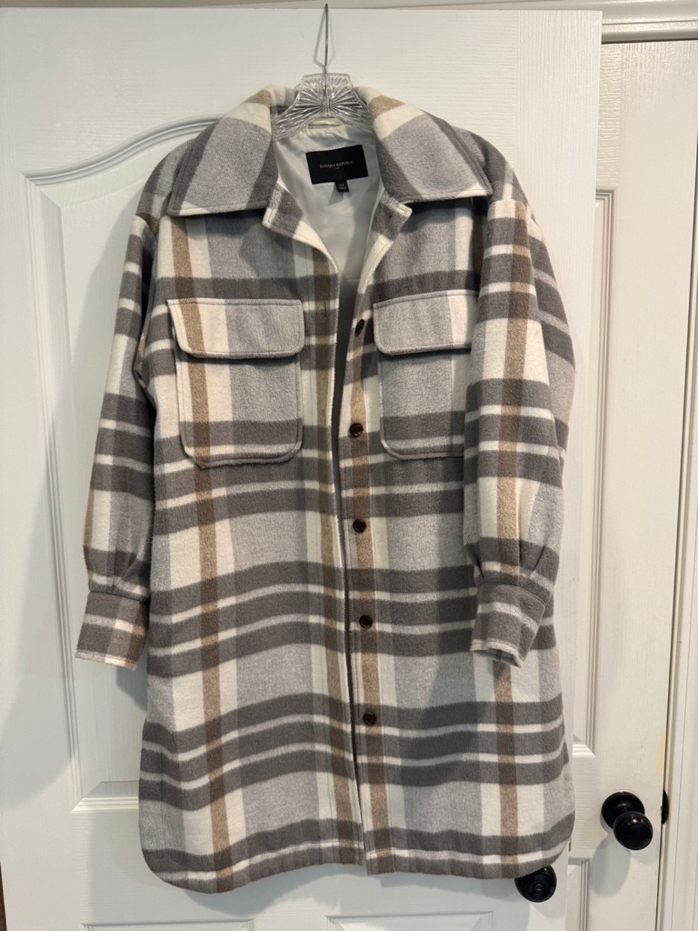 Banana Republic Plaid Button-Front Wool-Blend Shacket Coat - wGray & Cream